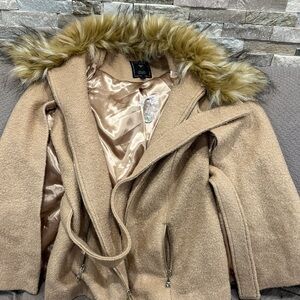 Guess Tan Pea Coat with Faux Fur Trim